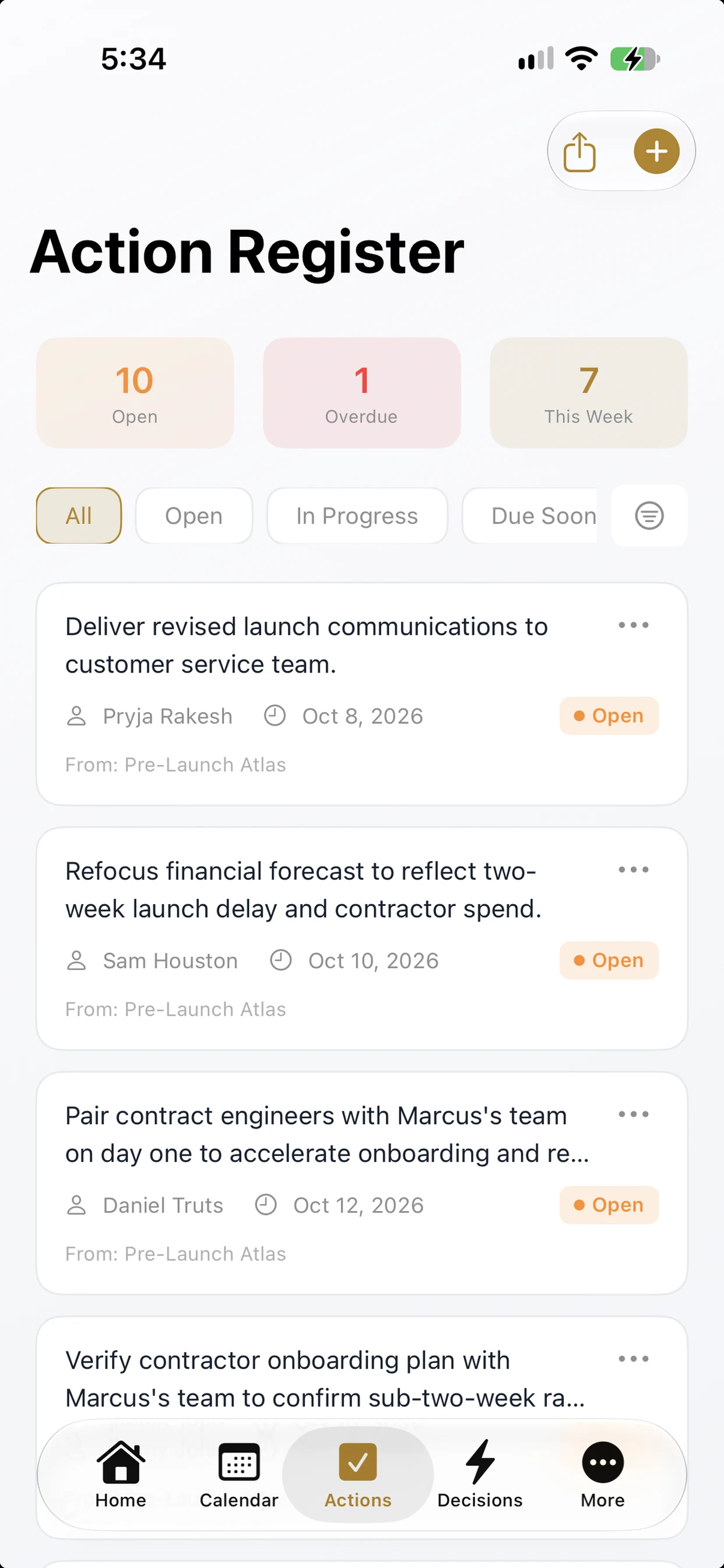 DECISIO.ai Action Register on iPhone in light mode — open actions with owners, due dates, and status