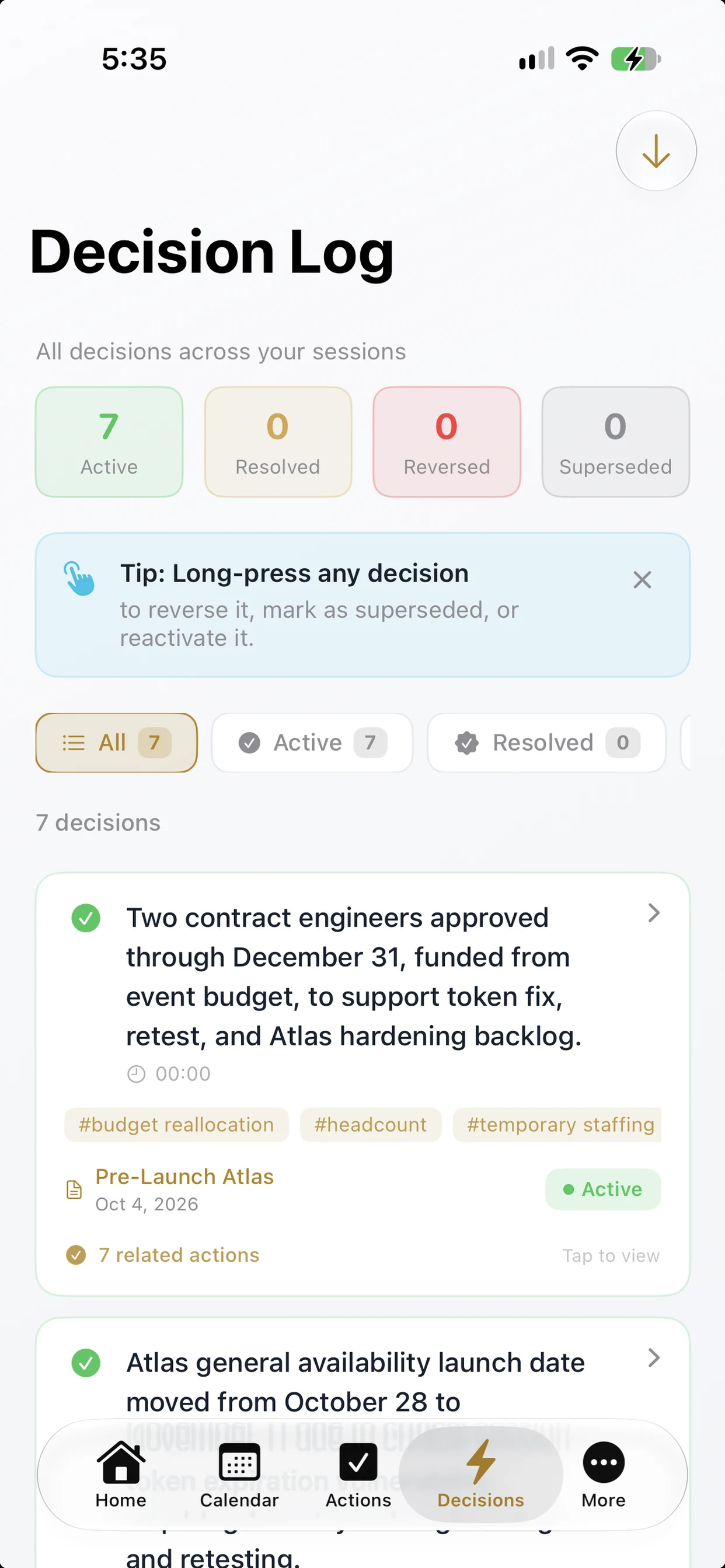 DECISIO.ai Decision Log on iPhone in light mode — active decisions captured from meetings, each with status and related actions