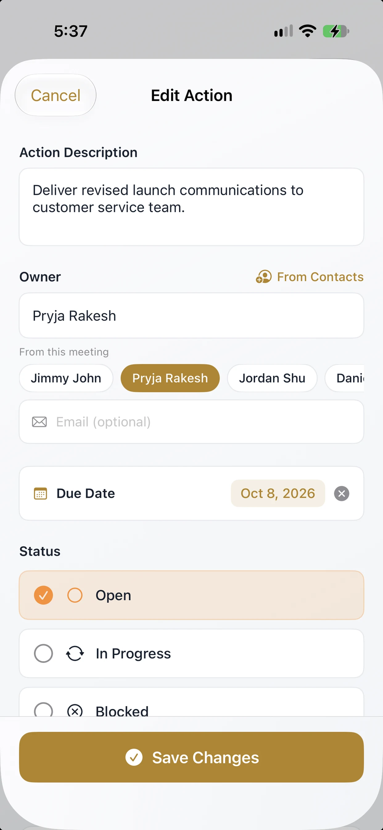 Edit Action in light mode — pick the owner from the meeting’s participants, set a due date and status