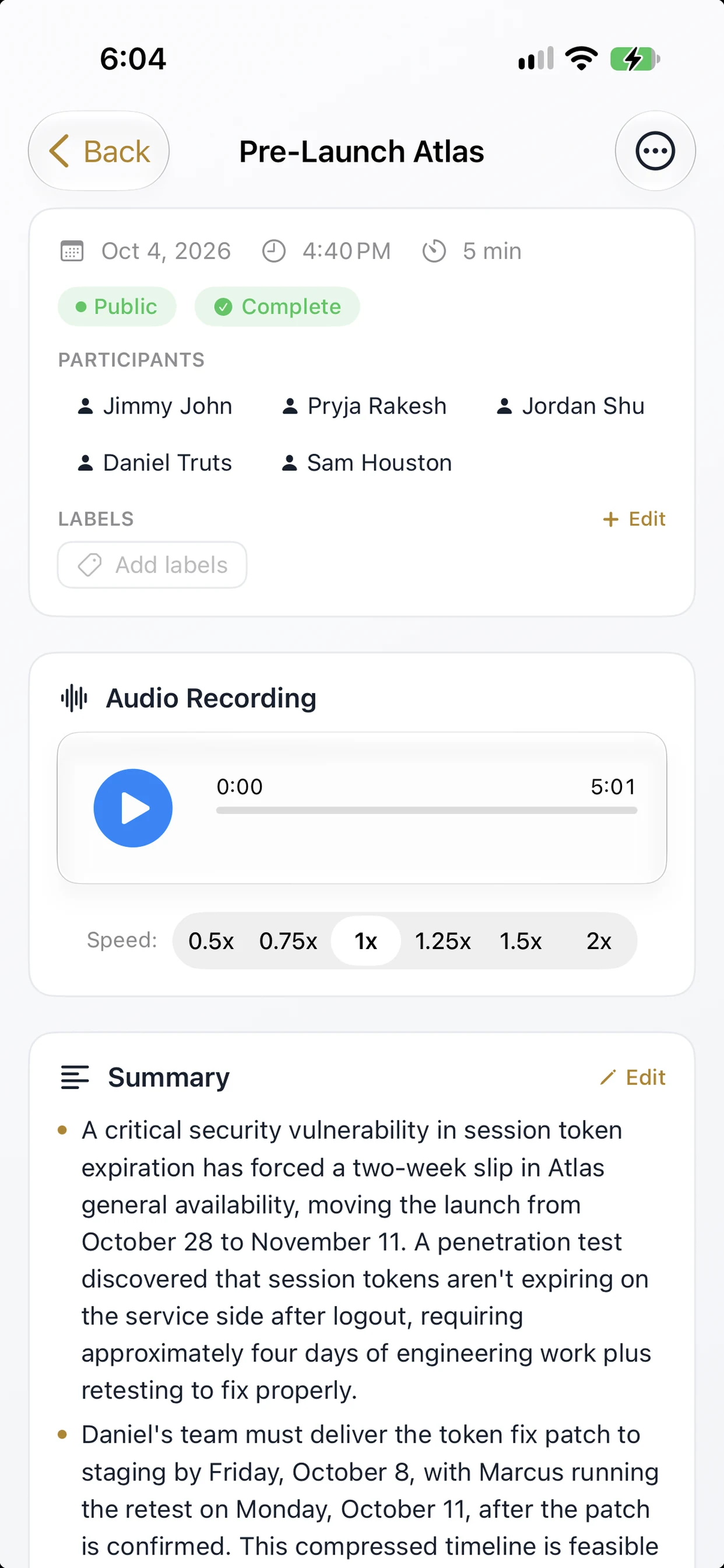 Session in light mode — participants, audio playback, and an AI summary of the meeting