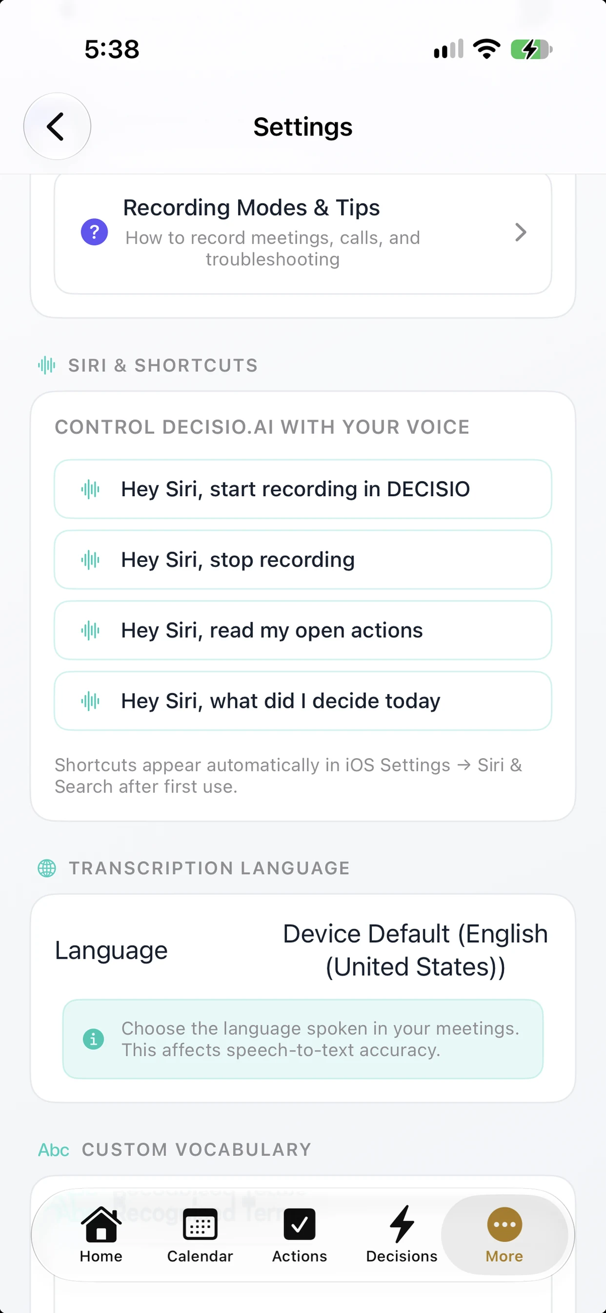 Siri & Shortcuts in light mode — start recording, read open actions, and hear today’s decisions by voice