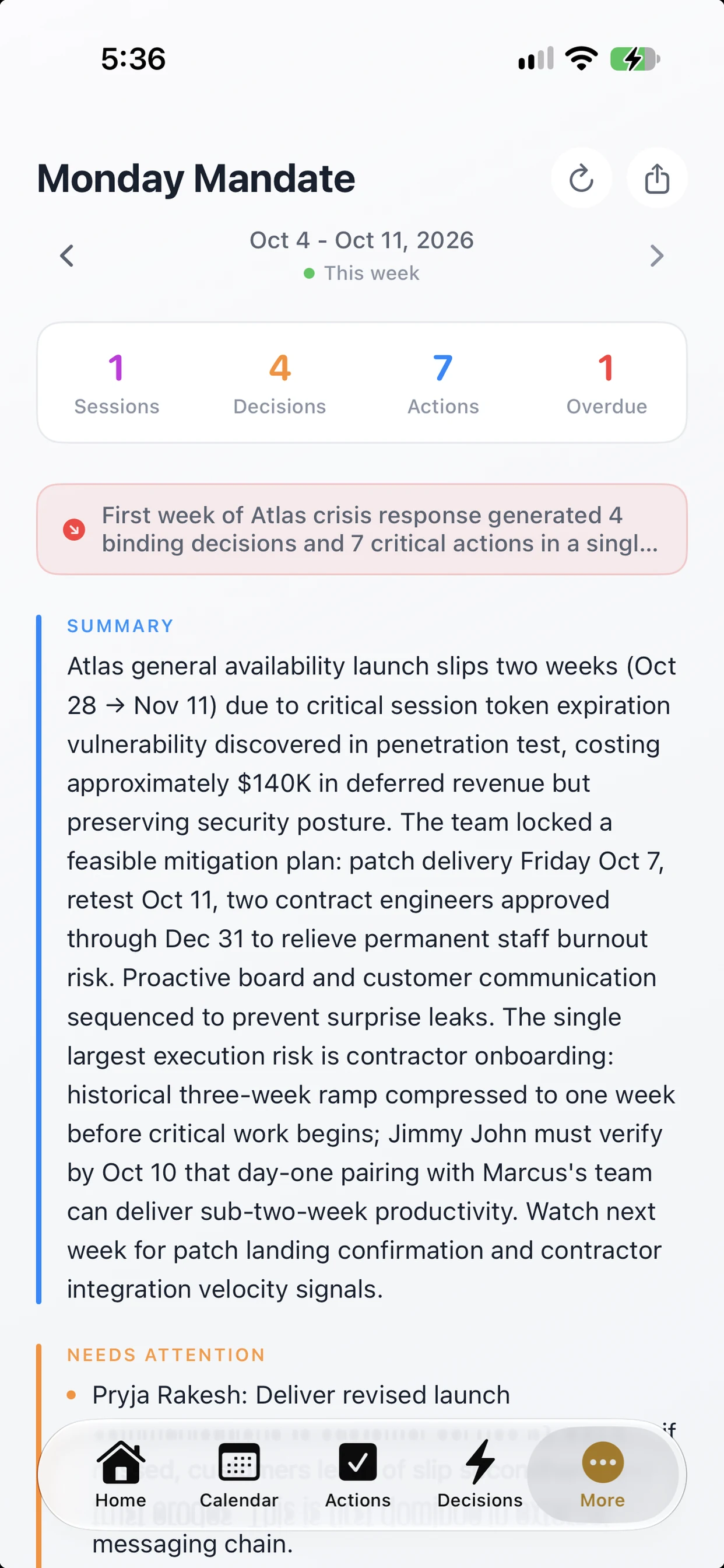 Monday Mandate in light mode — the week’s sessions, decisions, actions, and what needs attention