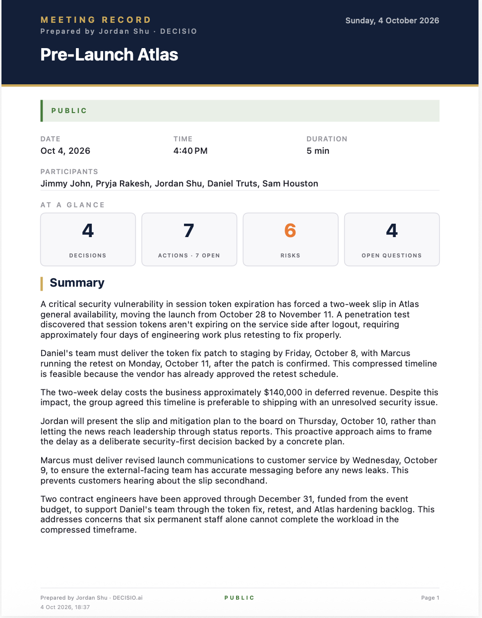 DECISIO.ai Meeting Record PDF — navy masthead, participants, at-a-glance counts, and the meeting summary