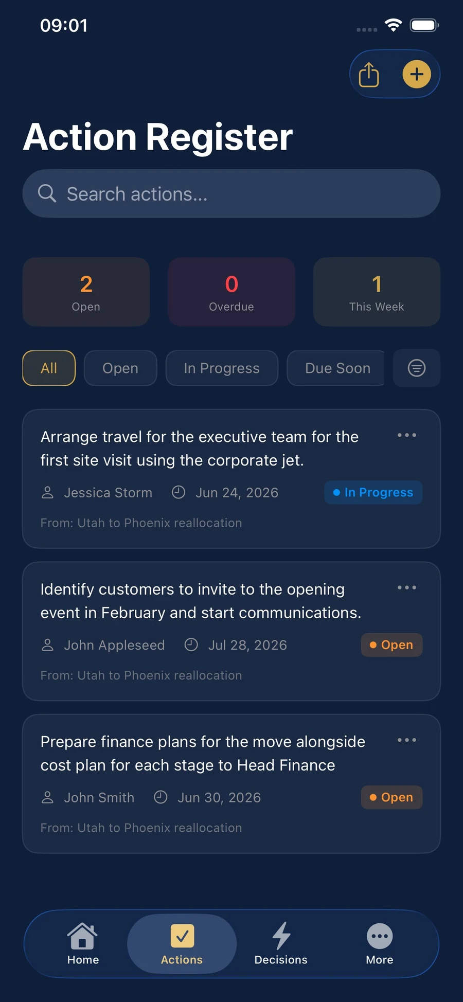 DECISIO.ai Action Register on iPhone — open actions with owners, due dates, and status