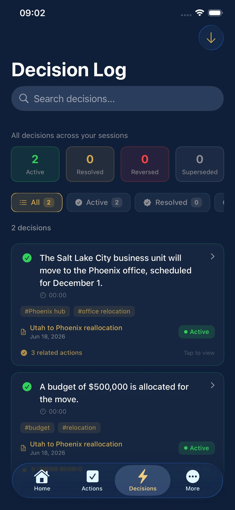 DECISIO.ai Decision Log on iPhone — active decisions captured from meetings, each with status and related actions