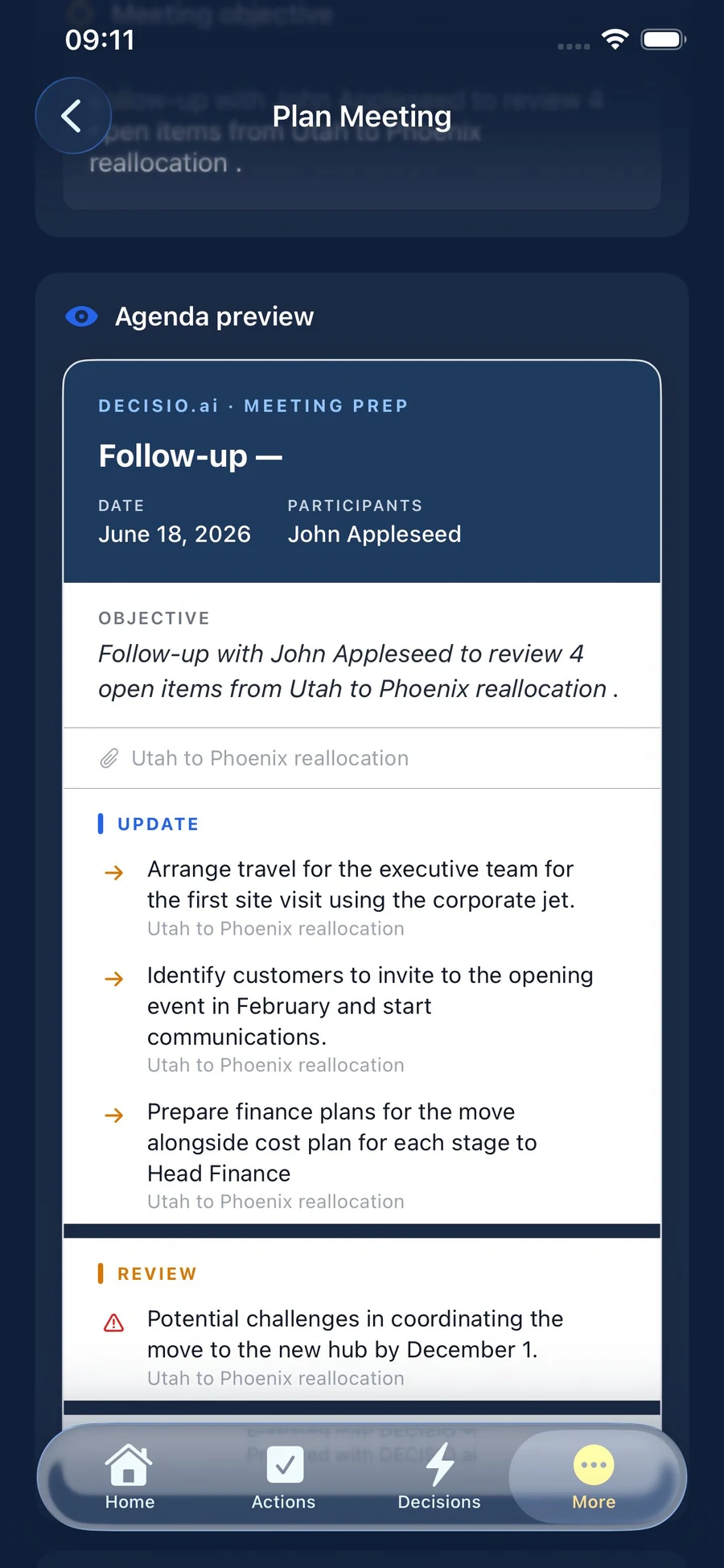 Agenda preview on iPhone — a clean, shareable agenda generated for the meeting