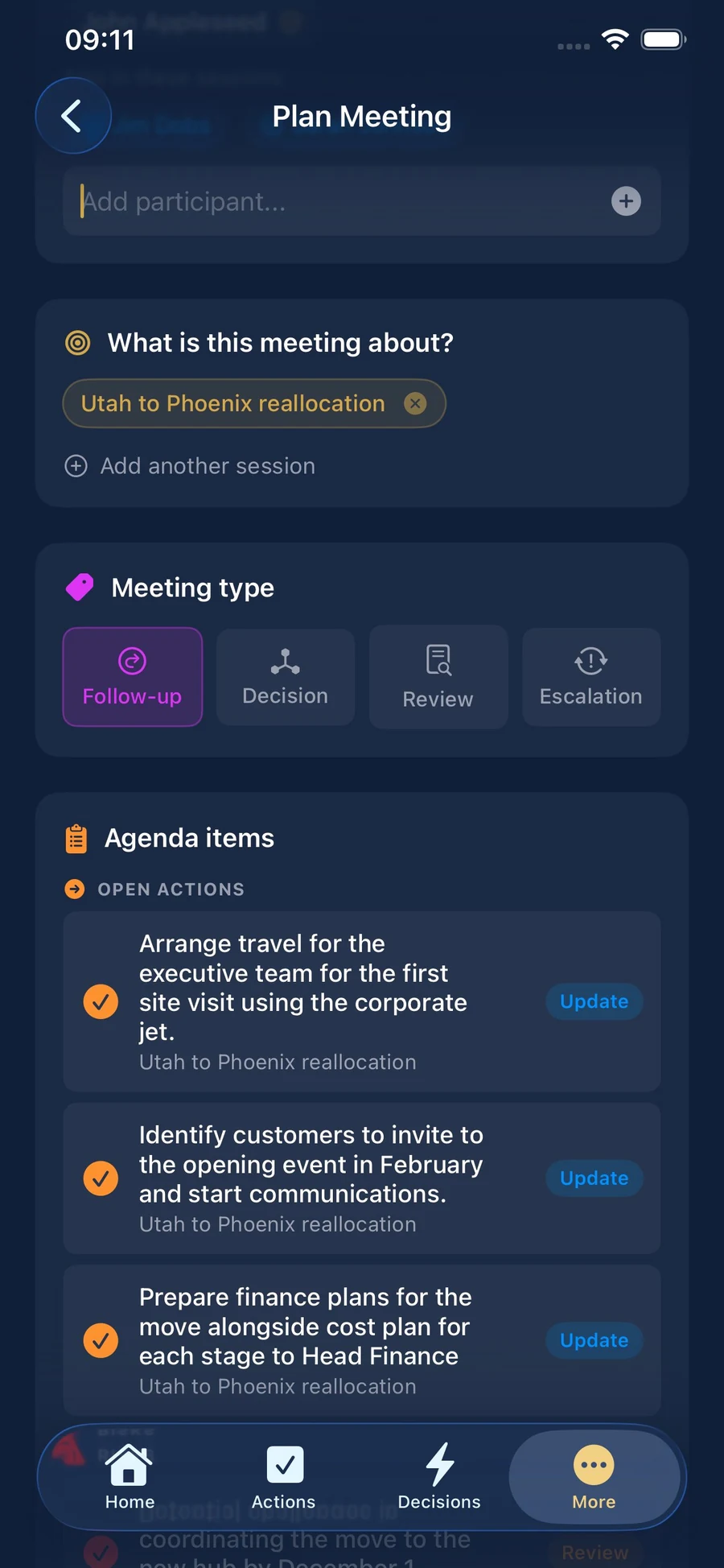 Plan Meeting on iPhone — meeting type, agenda items, and open actions pulled from past sessions