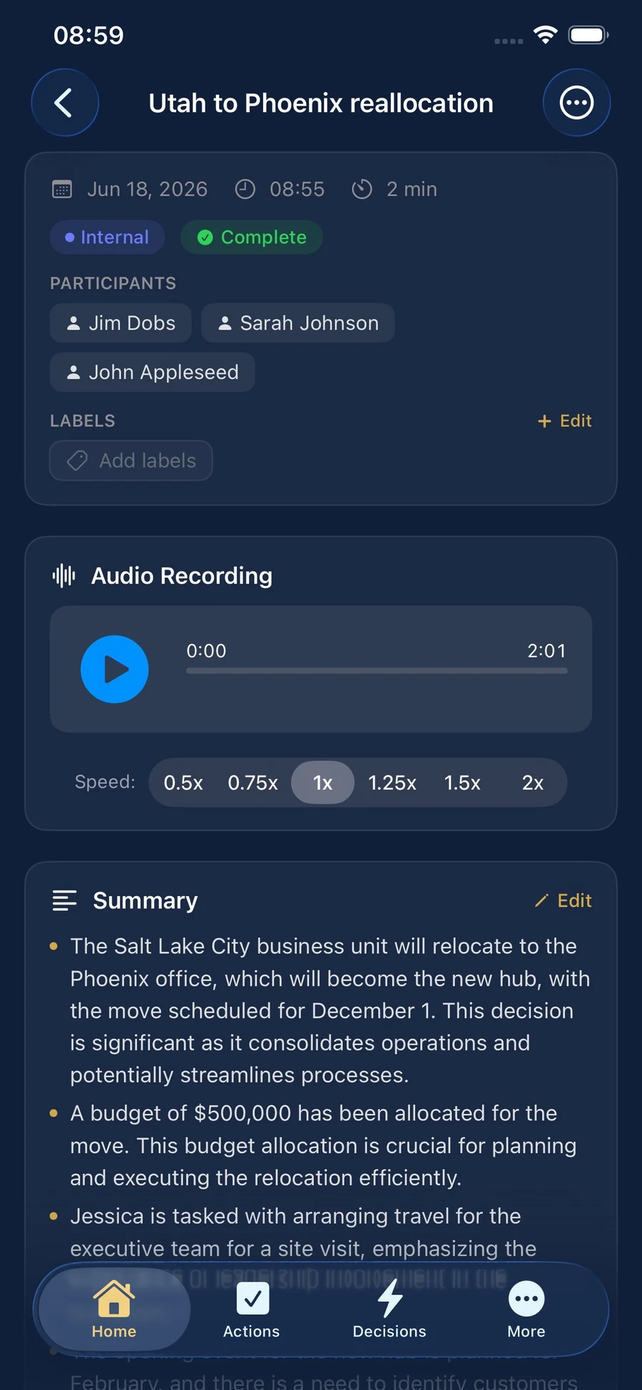 Session detail on iPhone — audio recording, participants, and an AI summary of the meeting