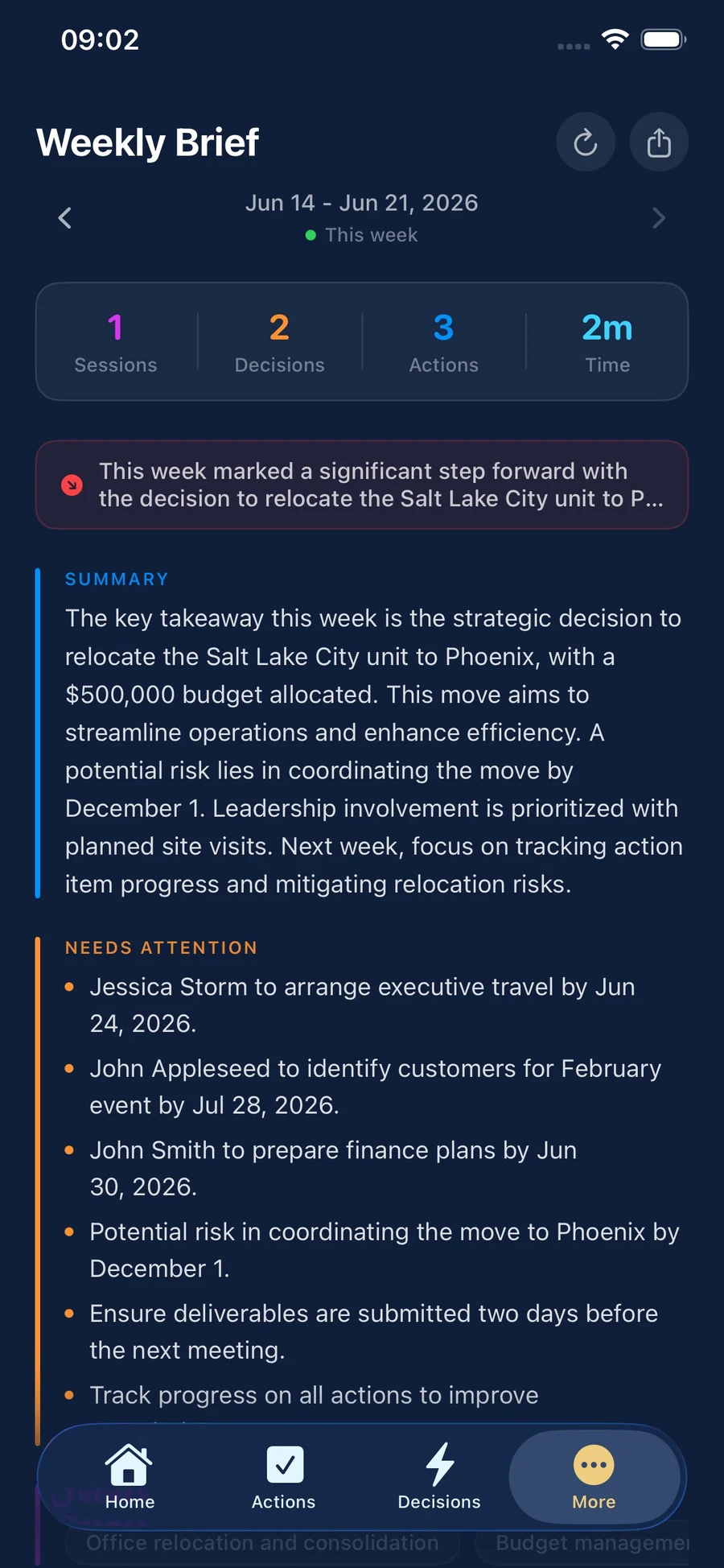 Weekly Brief on iPhone — the week's summary, decisions, and what needs attention